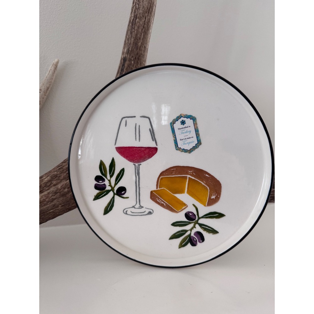 Papart Seramik Hand Painted Turkey Ceramic Wine Cheese Appetizer Plate White